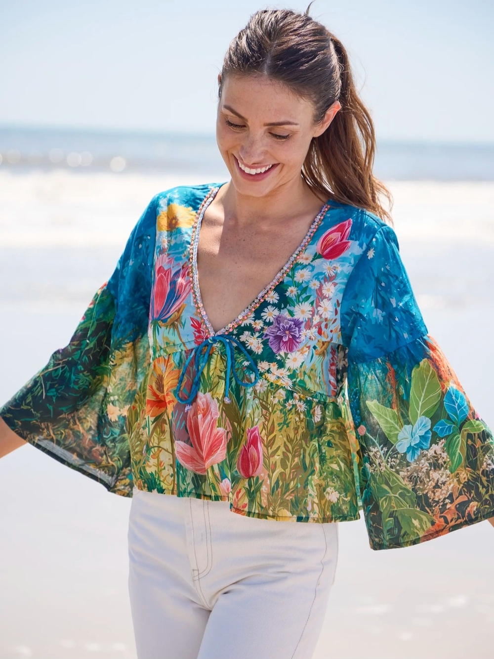 NATURAL LIFE Teal Multi Floral V-Neck Crop Top